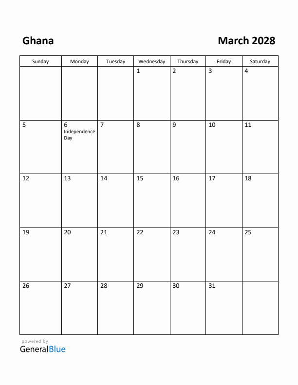 March 2028 Calendar with Ghana Holidays