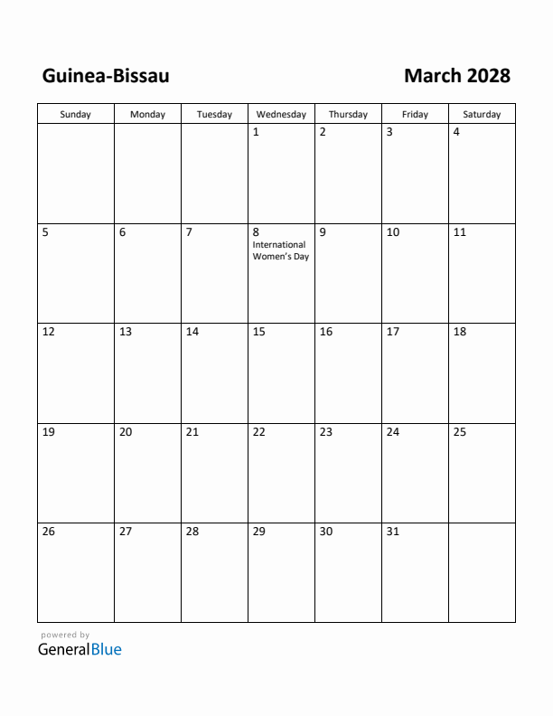 March 2028 Calendar with Guinea-Bissau Holidays