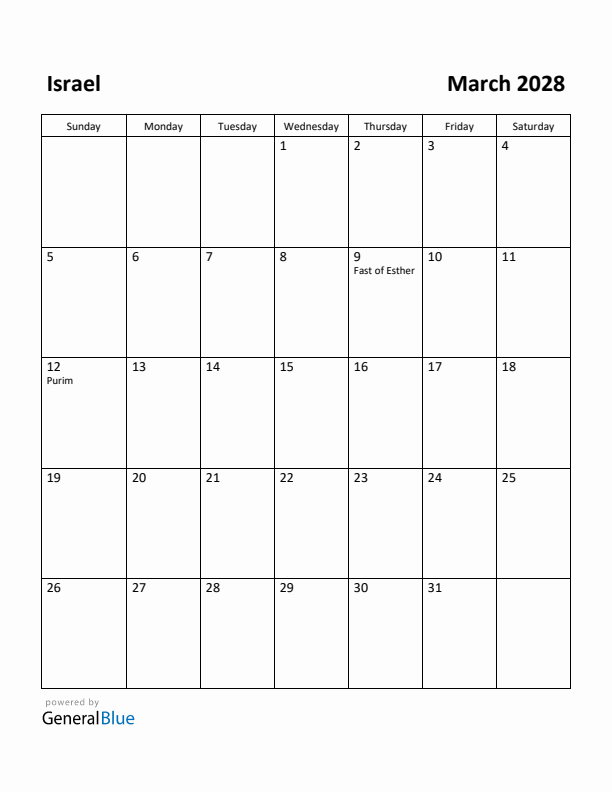 March 2028 Calendar with Israel Holidays