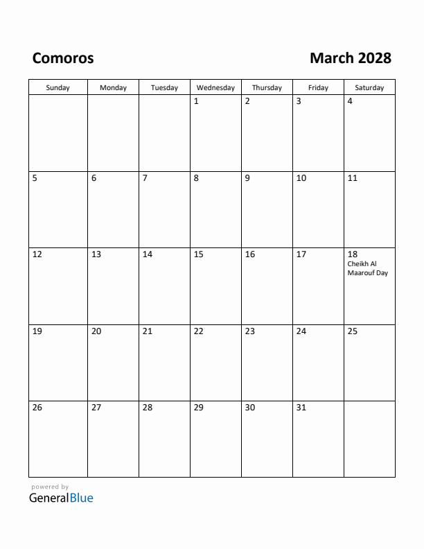 March 2028 Calendar with Comoros Holidays