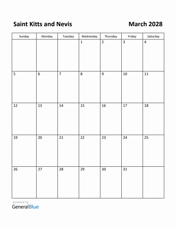 March 2028 Calendar with Saint Kitts and Nevis Holidays