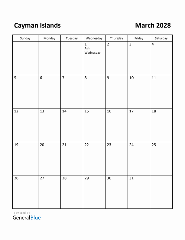 March 2028 Calendar with Cayman Islands Holidays