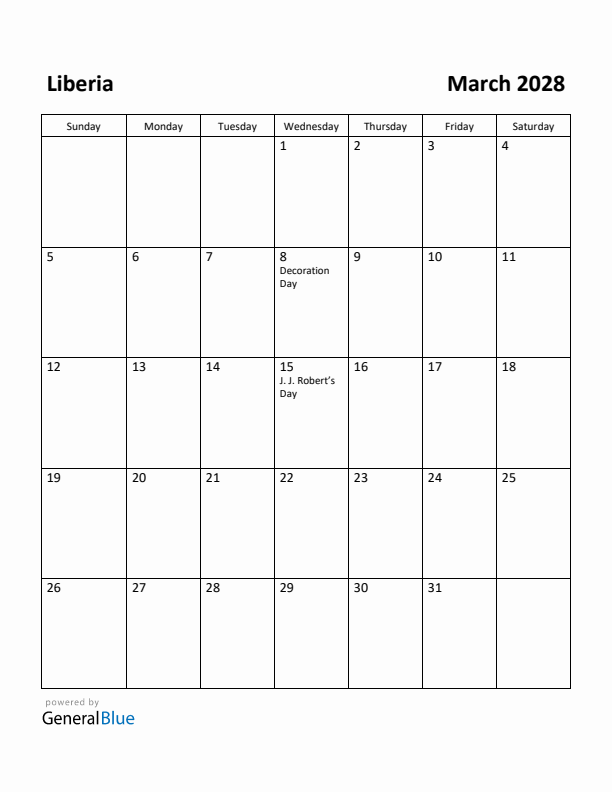 March 2028 Calendar with Liberia Holidays