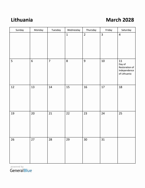 March 2028 Calendar with Lithuania Holidays