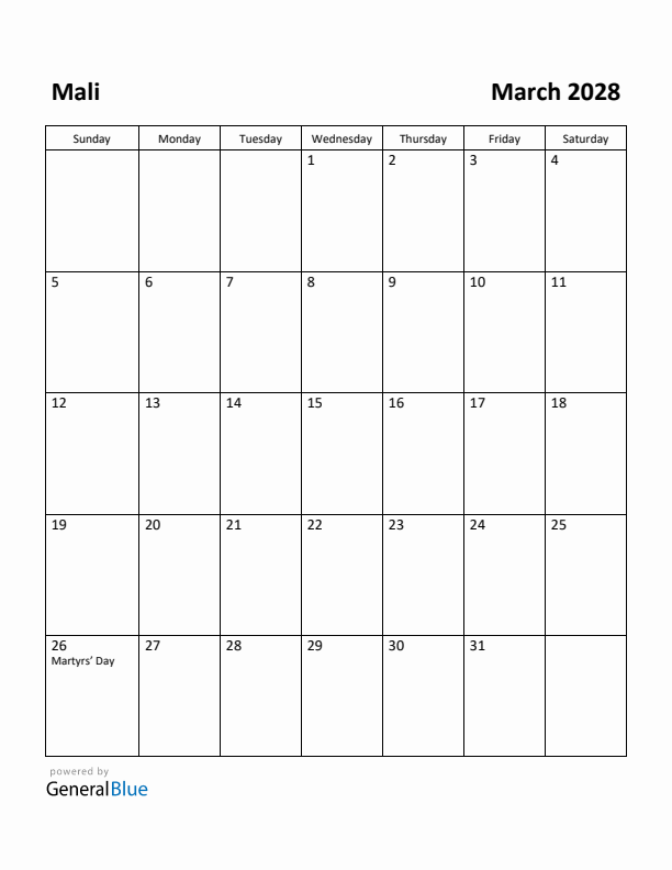 March 2028 Calendar with Mali Holidays