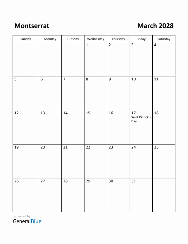 March 2028 Calendar with Montserrat Holidays