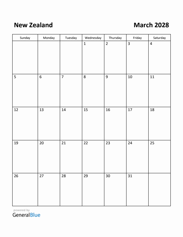 March 2028 Calendar with New Zealand Holidays