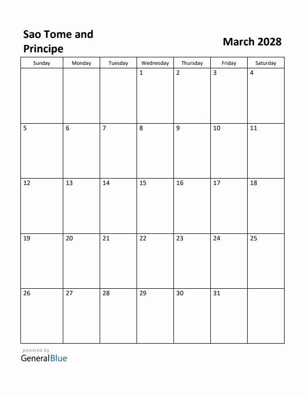 March 2028 Calendar with Sao Tome and Principe Holidays
