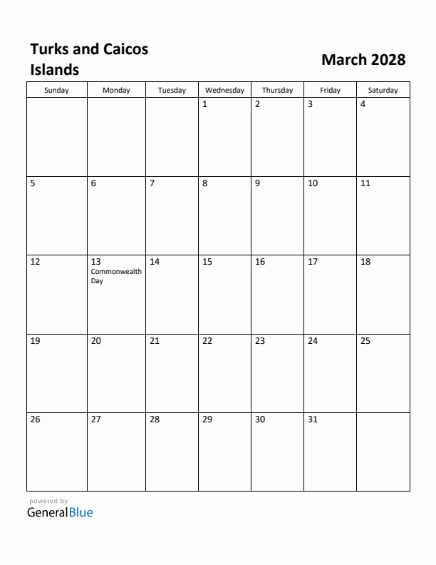 March 2028 Calendar with Turks and Caicos Islands Holidays
