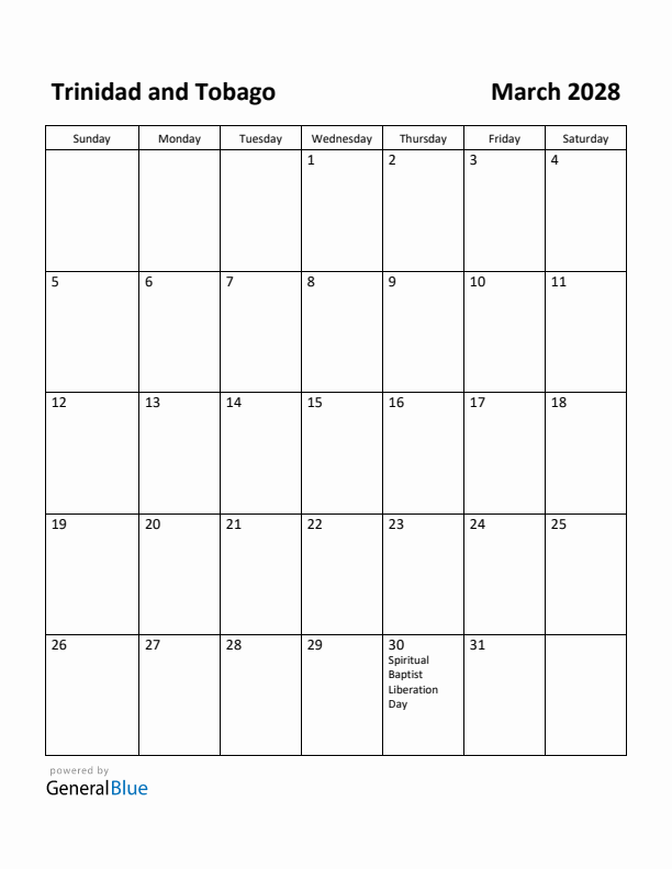March 2028 Calendar with Trinidad and Tobago Holidays
