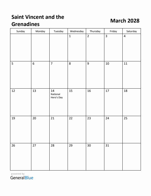 March 2028 Calendar with Saint Vincent and the Grenadines Holidays