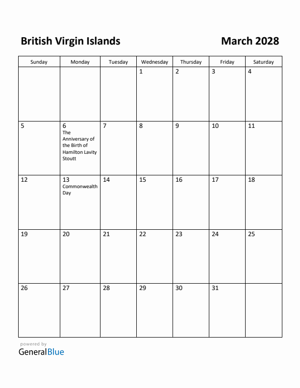 March 2028 Calendar with British Virgin Islands Holidays