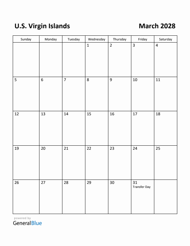 March 2028 Calendar with U.S. Virgin Islands Holidays
