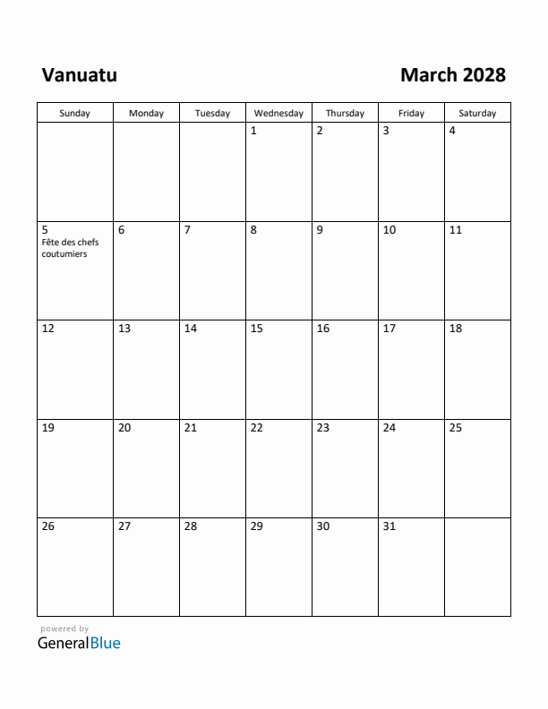 March 2028 Calendar with Vanuatu Holidays