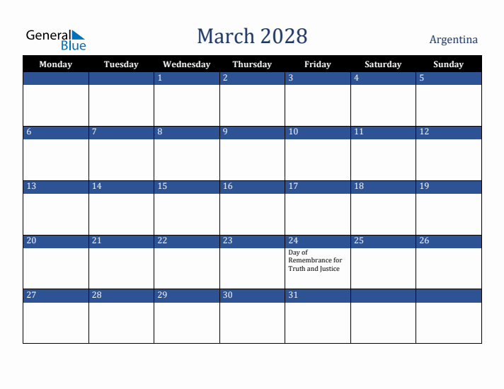 March 2028 Argentina Calendar (Monday Start)