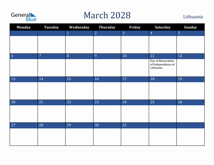 March 2028 Lithuania Calendar (Monday Start)