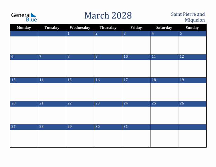 March 2028 Saint Pierre and Miquelon Calendar (Monday Start)