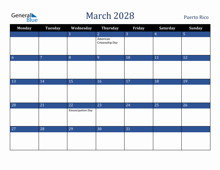 March 2028 Puerto Rico Calendar (Monday Start)