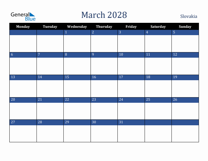 March 2028 Slovakia Calendar (Monday Start)