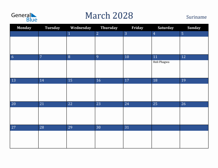 March 2028 Suriname Calendar (Monday Start)