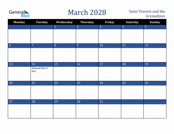 March 2028 Saint Vincent and the Grenadines Calendar (Monday Start)