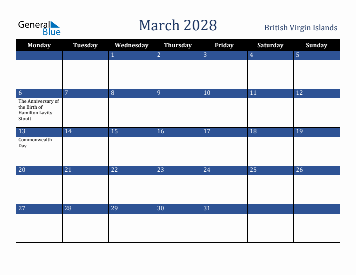 March 2028 British Virgin Islands Calendar (Monday Start)