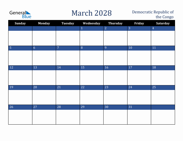 March 2028 Democratic Republic of the Congo Calendar (Sunday Start)