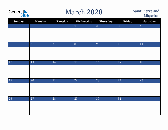 March 2028 Saint Pierre and Miquelon Calendar (Sunday Start)