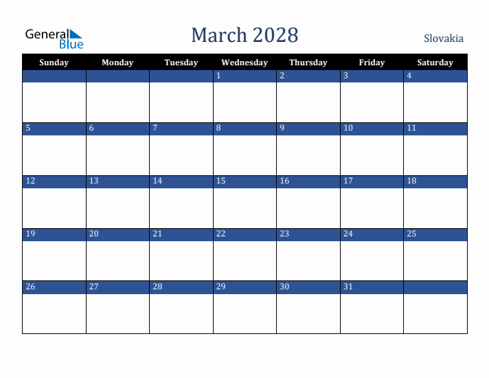 March 2028 Slovakia Calendar (Sunday Start)