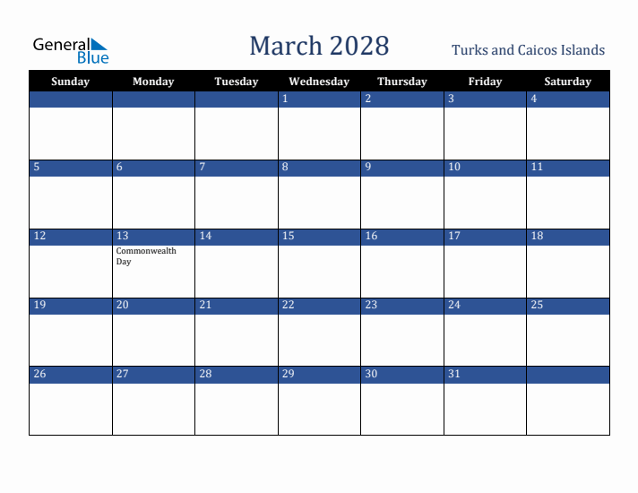 March 2028 Turks and Caicos Islands Calendar (Sunday Start)