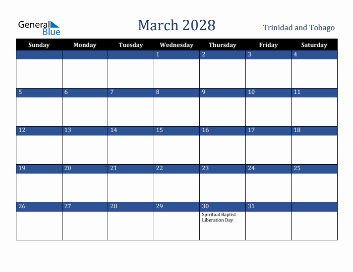March 2028 Trinidad and Tobago Calendar (Sunday Start)