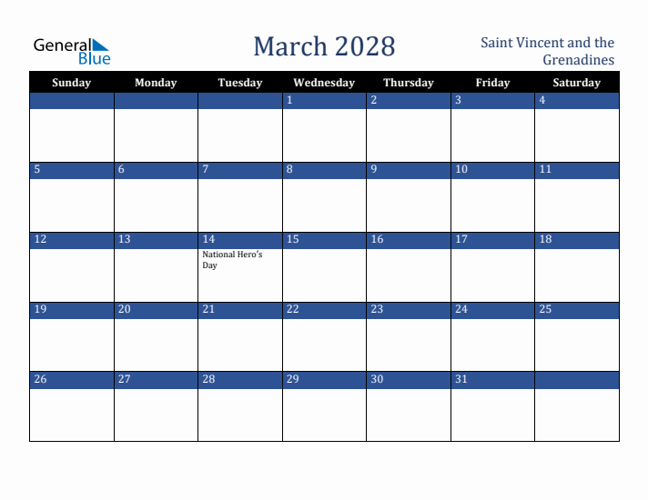 March 2028 Saint Vincent and the Grenadines Calendar (Sunday Start)