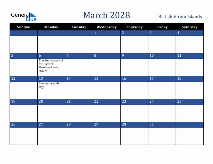March 2028 British Virgin Islands Calendar (Sunday Start)