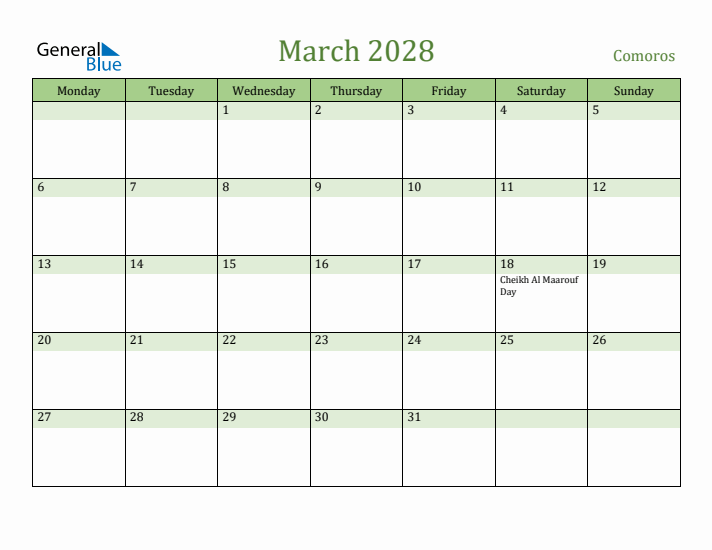 March 2028 Calendar with Comoros Holidays
