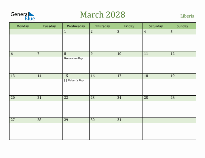 March 2028 Calendar with Liberia Holidays