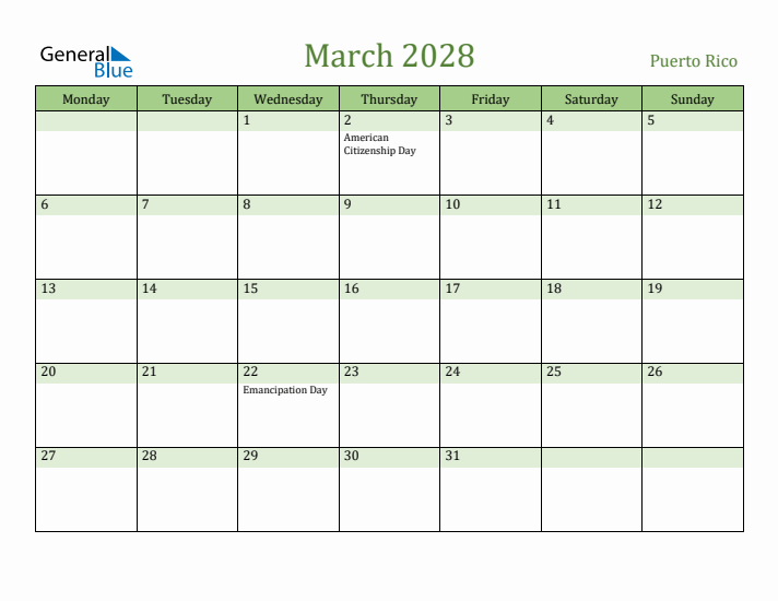 March 2028 Calendar with Puerto Rico Holidays