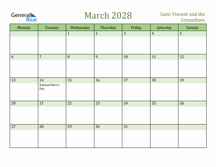 March 2028 Calendar with Saint Vincent and the Grenadines Holidays