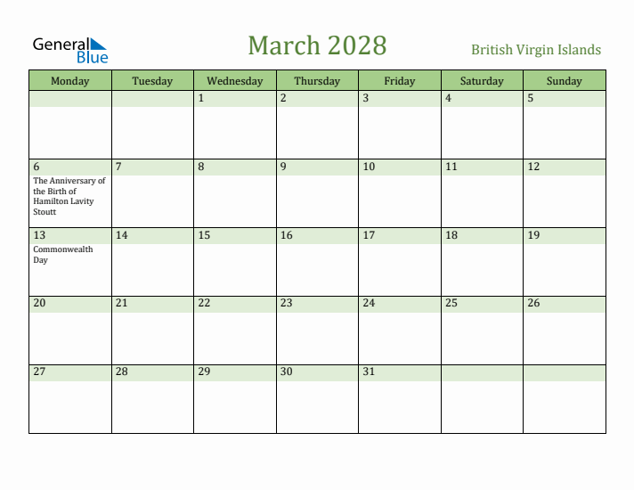 March 2028 Calendar with British Virgin Islands Holidays