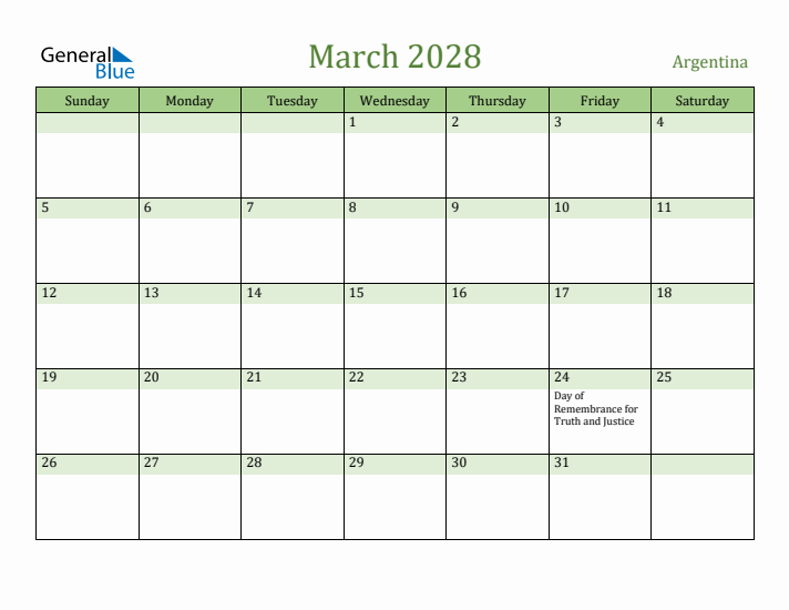March 2028 Calendar with Argentina Holidays