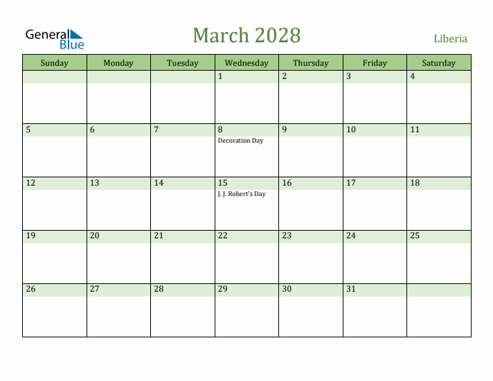 March 2028 Calendar with Liberia Holidays