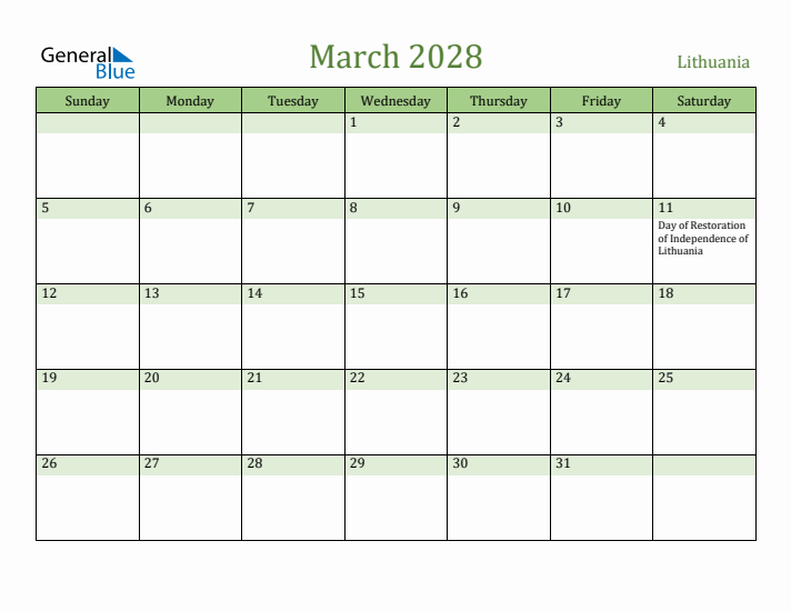 March 2028 Calendar with Lithuania Holidays
