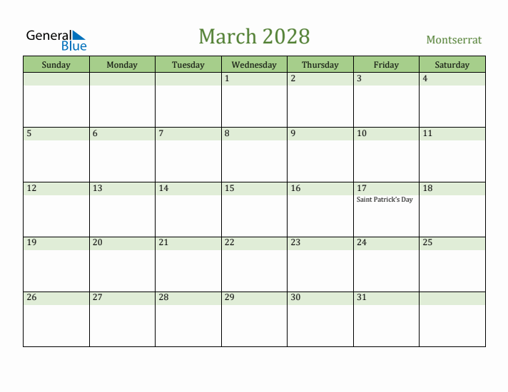 March 2028 Calendar with Montserrat Holidays