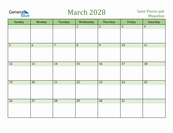 March 2028 Calendar with Saint Pierre and Miquelon Holidays
