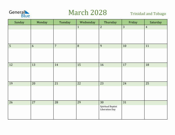 March 2028 Calendar with Trinidad and Tobago Holidays