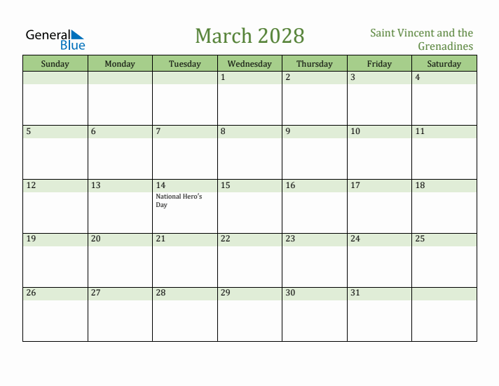 March 2028 Calendar with Saint Vincent and the Grenadines Holidays
