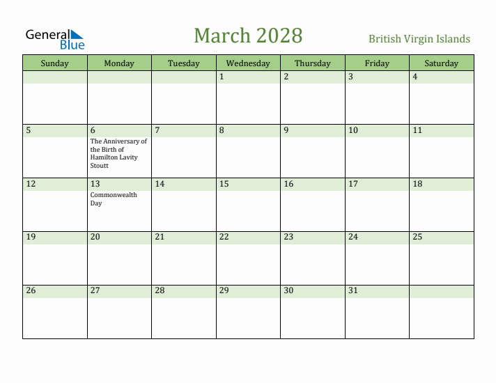 March 2028 Calendar with British Virgin Islands Holidays