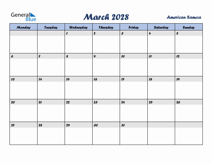 March 2028 Calendar with Holidays in American Samoa