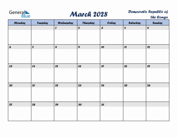 March 2028 Calendar with Holidays in Democratic Republic of the Congo