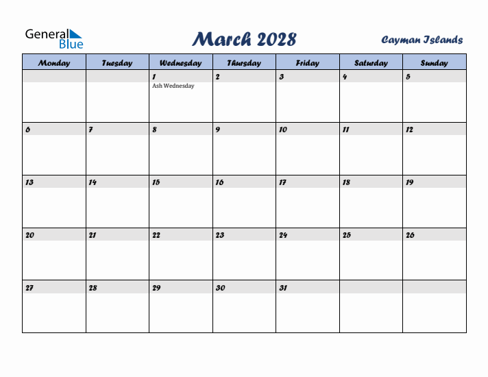 March 2028 Calendar with Holidays in Cayman Islands