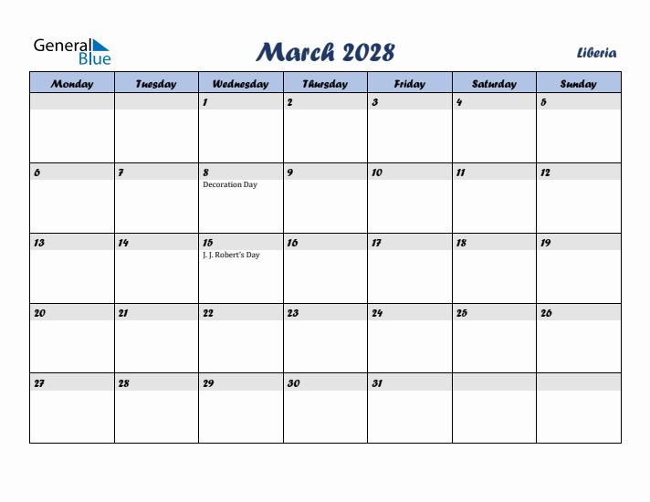 March 2028 Calendar with Holidays in Liberia